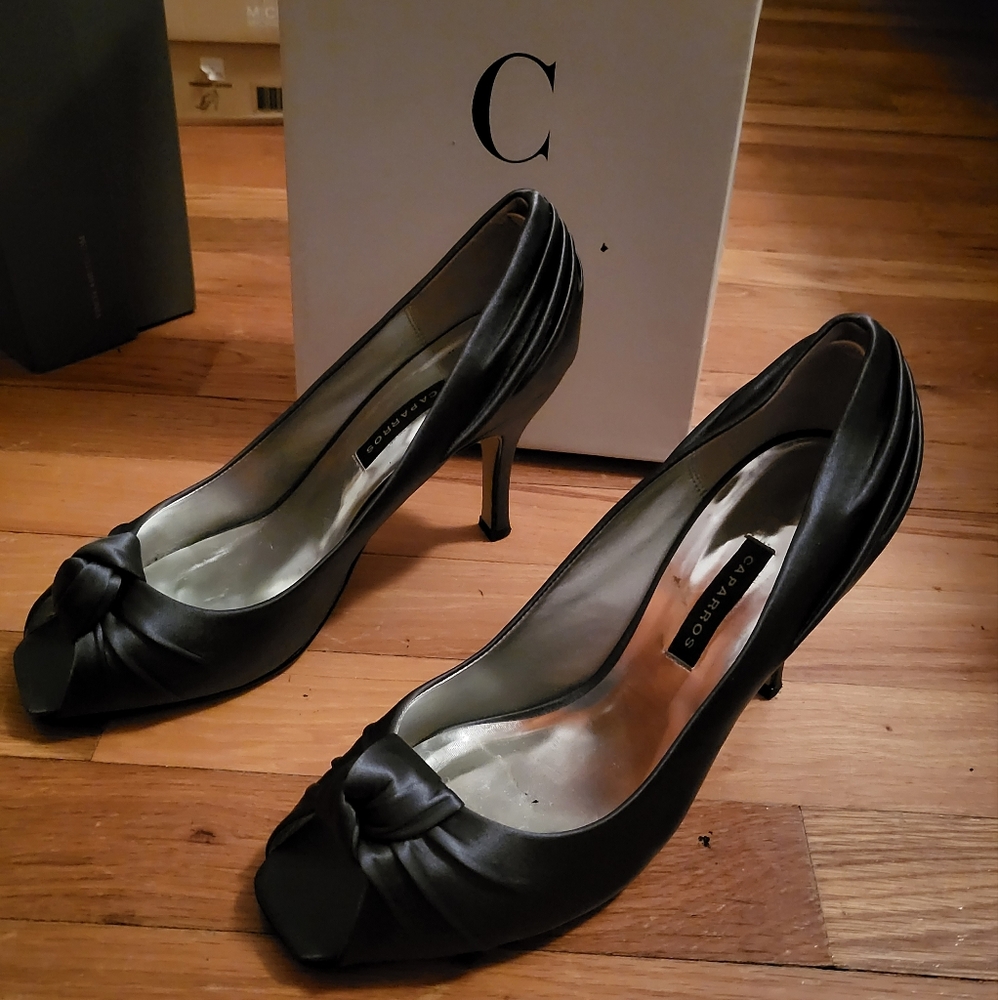 Caparros Petrol Silk Peep Toe pumps